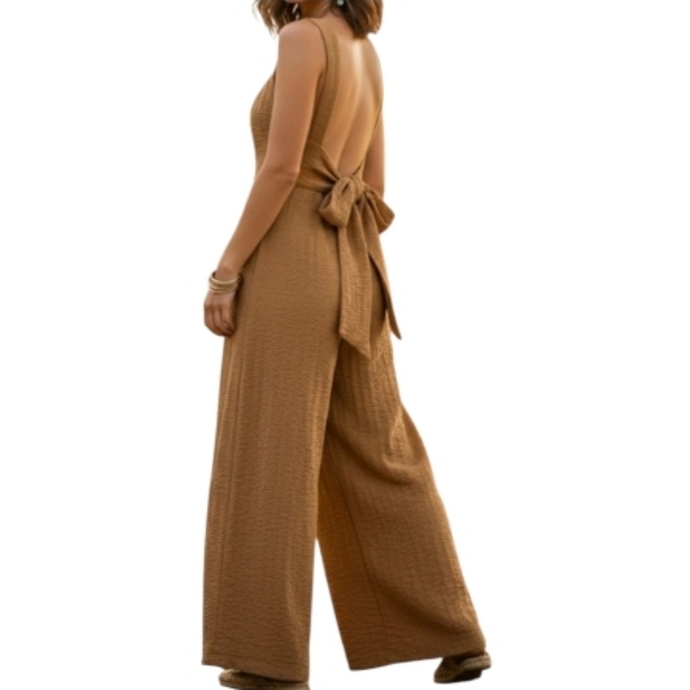 ASOS DESIGN Tan Textured Wide Leg Jumpsuit - Open Tie Back - Size 6